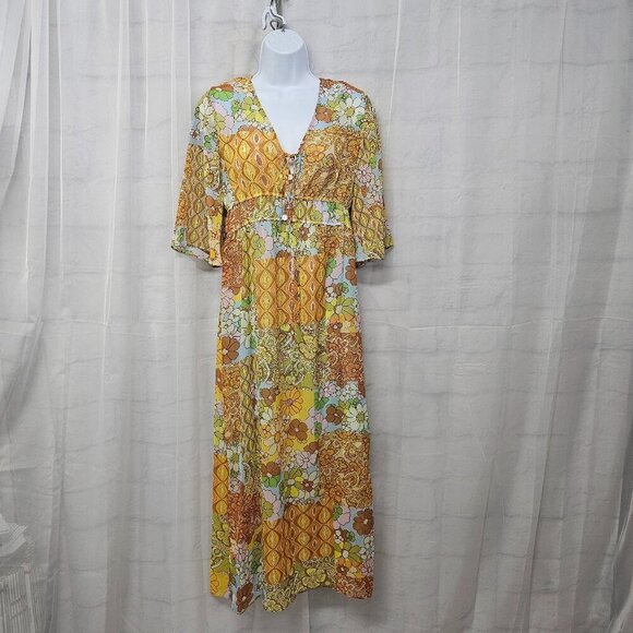 NWOT Emma & Michelle Orange Blue Floral Patchwork Hippie Dress Maxi Boho S - Picture 1 of 13
